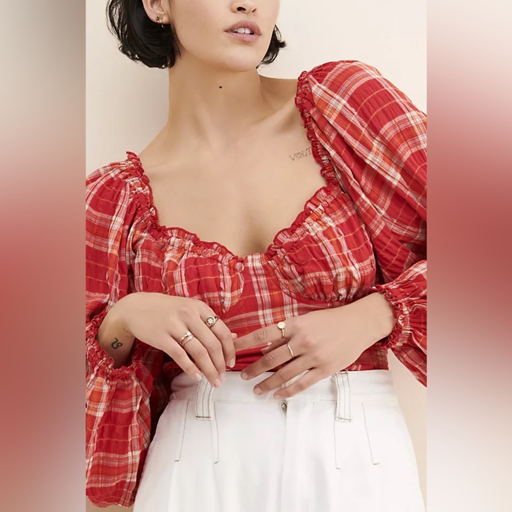 Free People Red Plaid Puff-Sleeve Peasant Blouse